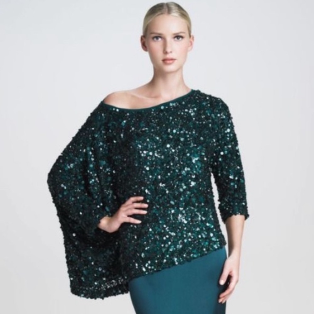 St. John Couture Emerald Green Sequined Asymmetrical Blouse Size Medium Wicked